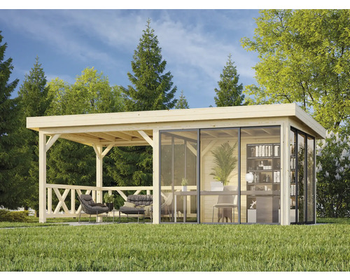 Maison de jardin en bois avec terrasse et portes coulissantes en verre dans le jardin