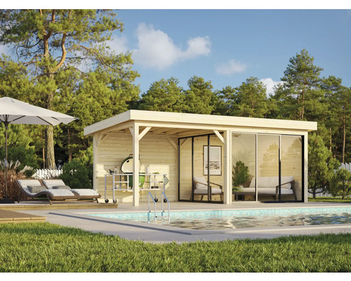 Pavillon de jardin en bois avec barbecue, piscine et chaises longues dans un jardin lumineux.