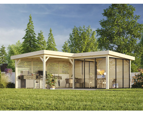 Pavillon de jardin en bois avec espace barbecue et annexe vitrée
