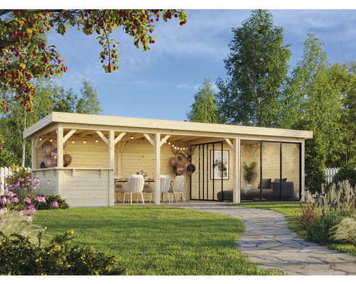 Pavillon Palmako Lenna Slide 24,9 m² Set 415 876 x 300 cm imprégné par immersion Pavillon de jardin en bois avec coin salon et paroi en verre