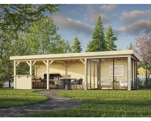 Pavillon Palmako Lenna Slide 24,9 m² Set 416 876 x 300 cm imprégné par immersion Pavillon de jardin en bois avec coin barbecue et coin salon