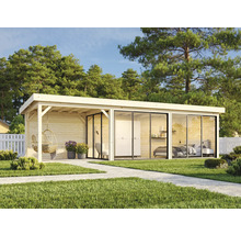 Maison de jardin moderne avec terrasse, grandes façades vitrées et chambre à coucher équipée