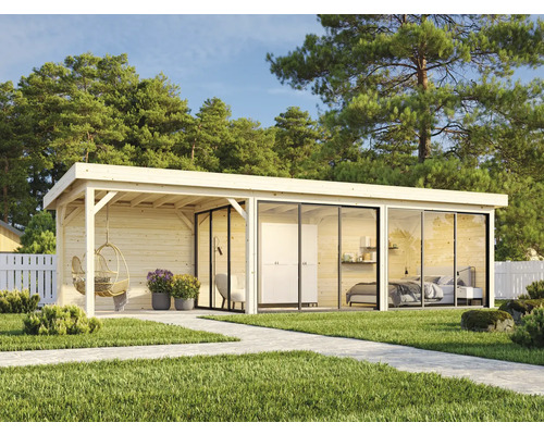 Maison de jardin moderne avec terrasse, grandes façades vitrées et chambre à coucher équipée