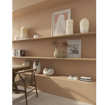 Pièce à vivre avec étagères, décoration et table en bois