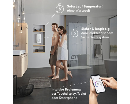Modernes Badezimmer mit Durchlauferhitzer, bedienbar per Touchdisplay, Tablet oder Smartphone
