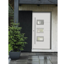 Porte d''entrée moderne avec inserts en verre et poignée en acier inoxydable