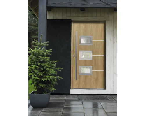 Porte d''entrée avec trois fenêtres et une poignée latérale devant une maison