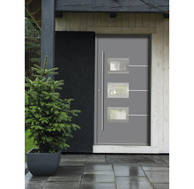 Porte d''entrée moderne avec insertions en verre et poignée latérale dans une zone d''entrée de maison