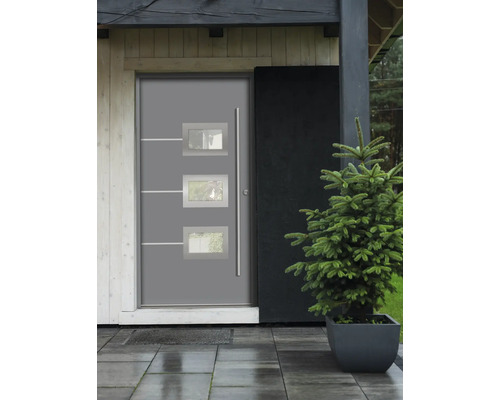 Porte d''entrée grise avec trois fenêtres et une poignée