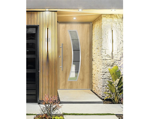 Porte d''entrée moderne avec aspect bois et insert en verre courbé