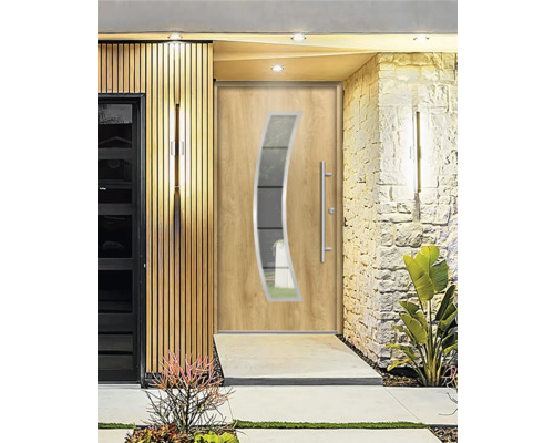 Porte d''entrée moderne avec insert en verre et poignée en acier inoxydable