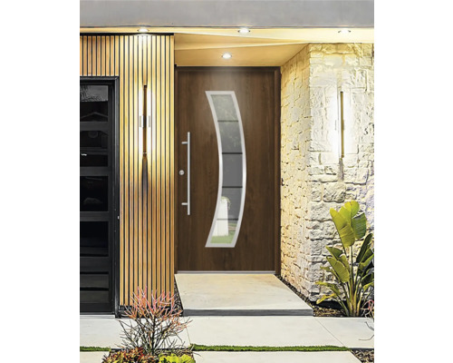 Moderne Haustür mit Glaseinsatz und seitlichem Griff