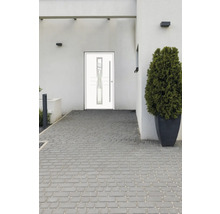 Porte d''entrée moderne avec insert en verre et longue poignée sur une maison d''habitation