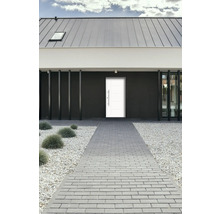 Façade de maison moderne avec porte d''entrée, chemin pavé et parterre de gravier