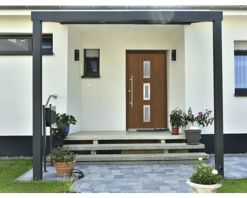 Eingangsbereich eines Hauses mit Haustür, Überdachung und Treppe