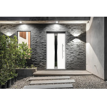 Espace d''entrée avec porte d''entrée, mur en pierre et bacs à plantes
