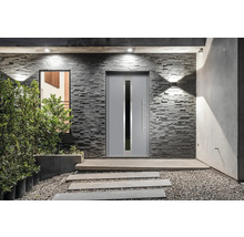 Porte d''entrée moderne avec insert en verre et façade en pierre