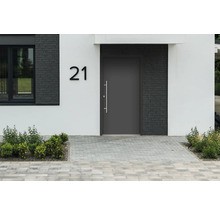 Façade de maison avec porte d''entrée, numéro 21 et allée pavée