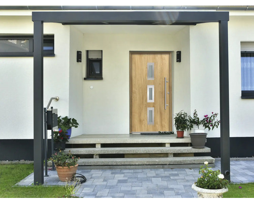 Porte d''entrée avec inserts en verre sous un auvent