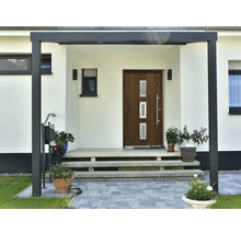 Entrée de maison avec porte d''entrée, auvent et plantes