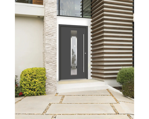 Moderne Haustür mit Glasausschnitt und geradem Griff in einer Hausfassade.