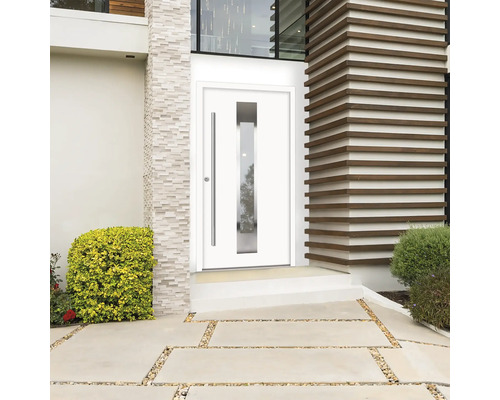 Moderne Haustür mit Glaseinsatz und Seitengriff in einem hellen Haus