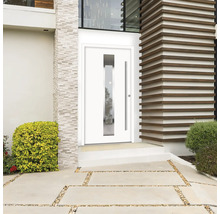 Moderne Haustür mit Glaseinsatz und Edelstahlgriff in einem Hauseingang