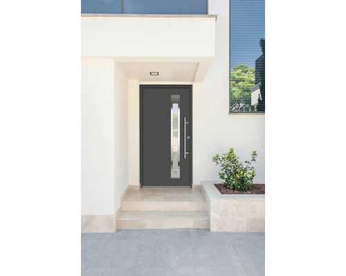 Moderne Haustür mit Glaseinsatz und Edelstahlgriff in einem hellen Gebäude.