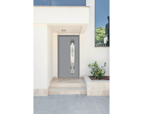 Moderne Haustür mit Glaseinsatz und Edelstahlgriff