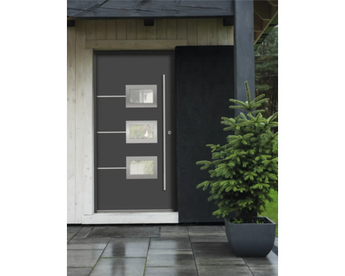 Moderne Haustür mit Glaseinsätzen und einem seitlichen Türgriff.