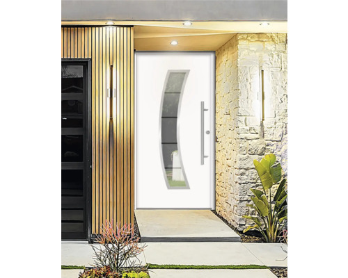 Porte d''entrée moderne avec insert en verre et poignée en acier inoxydable