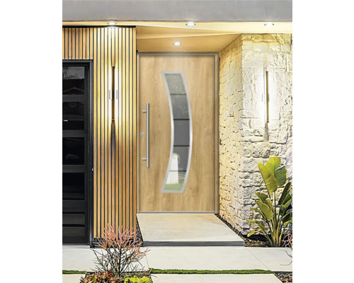 Porte d''entrée aspect bois avec insert en verre