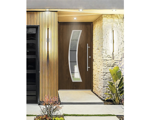 Moderne Haustür mit Glaseinsatz und Edelstahlgriff