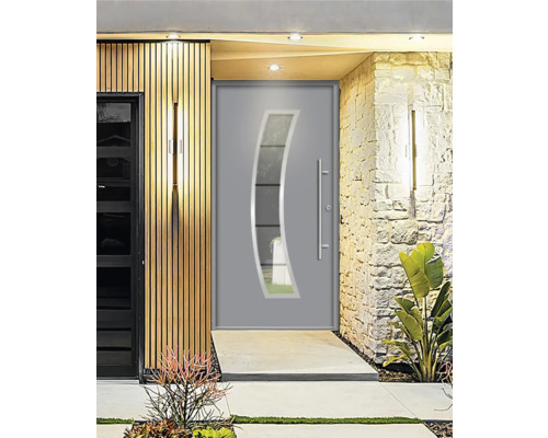 Porte d''entrée grise avec insert en verre et poignée