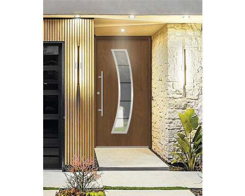 Moderne Haustür mit Glaseinsatz und Edelstahlgriff