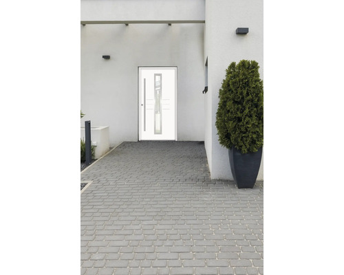 Szene mit einem Hauseingang mit einer weißen Haustür mit Glaseinsatz und einem gepflasterten Weg.