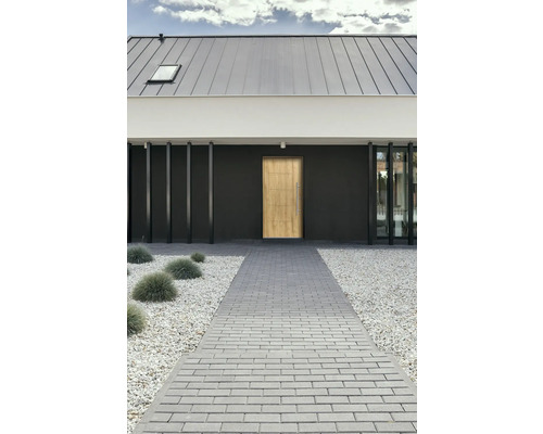 Maison moderne avec porte d''entrée, chemin pavé et jardin de gravier