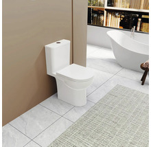 Weißes Stand-WC im Badezimmer mit Badewanne und Teppich