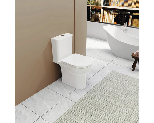 Weißes Stand-WC im Badezimmer mit Badewanne und Teppich