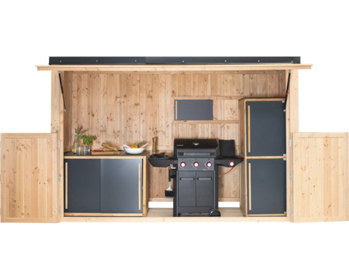 Espace barbecue Konsta grand modèle 337 x 95 cm naturel Cuisine en bois avec barbecue, plan de travail et espace de rangement