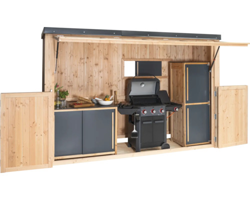 Grillküche aus Holz mit Gasgrill, Arbeitsfläche und Stauraum.