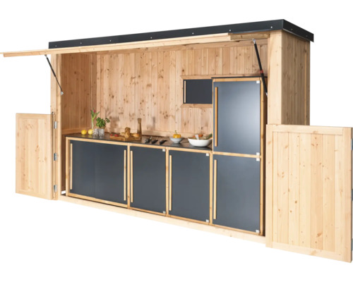 Outdoor-Küche aus Holz mit Arbeitsfläche und Schränken