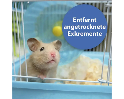 Hamster en cage avec texte : Élimine les excréments séchés
