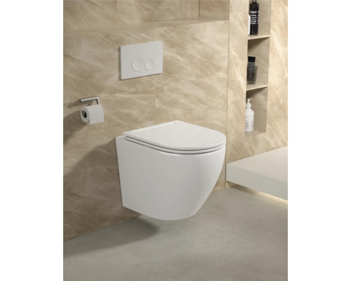 Wandhängendes WC mit Betätigungsplatte und Toilettenpapierhalter in einem Badezimmer.