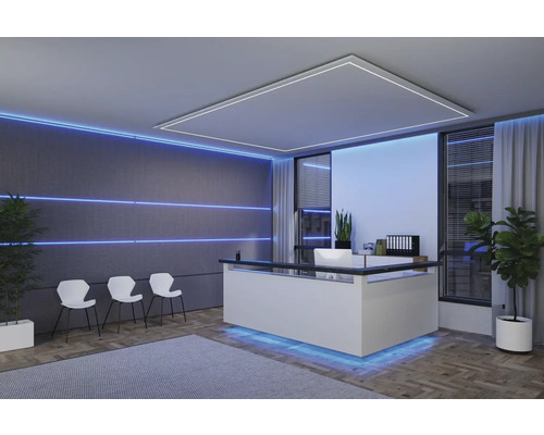 Büroempfangsbereich mit Rezeptionstresen, Stühlen und Pflanzen