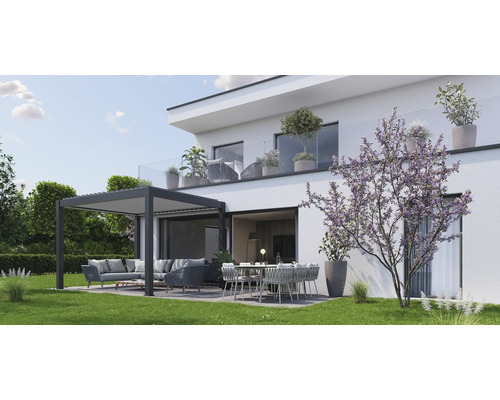 Pergola Biohort 3x3 inkl. beweglichen, isolierten Lamellendach für geringere Geräuschentwicklung und Wärmeabstrahlung 312 x 312 cm dunkelgrau-metallic Modernes Haus mit Terrasse, Pergola, Sitzgruppe und Esstisch im Garten.