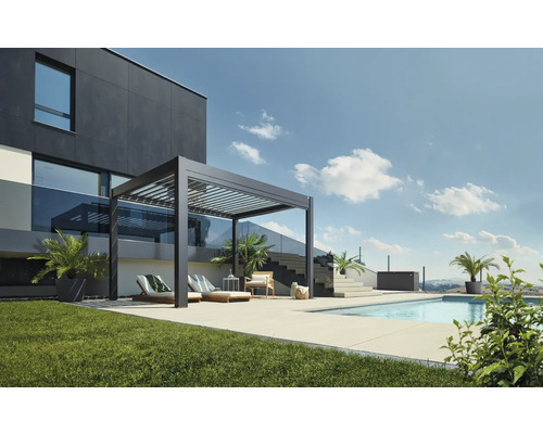 Pergola Biohort 3,5x3 inkl. beweglichen, isolierten Lamellendach für geringere Geräuschentwicklung und Wärmeabstrahlung 367,5 x 312 cm dunkelgrau-metallic/silber Moderne Gartengestaltung mit Pergola, Liegestühlen und Pool