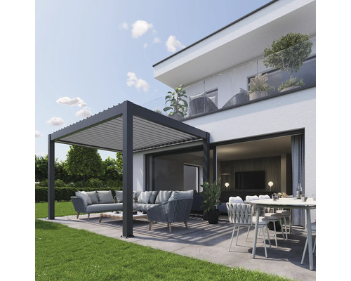 Pergola Biohort 3,5x3,5 inkl. beweglichen, isolierten Lamellendach für geringere Geräuschentwicklung und Wärmeabstrahlung 367,5 x 367,5 cm dunkelgrau-metallic Moderne Terrassengestaltung mit Pergola, Gartenmöbeln und Rasenfläche