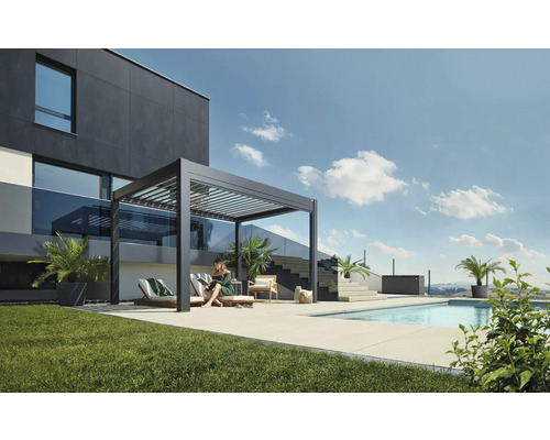 Pergola Biohort 4x3,5 inkl. beweglichen, isolierten Lamellendach für geringere Geräuschentwicklung und Wärmeabstrahlung 404,5 x 367,5 cm dunkelgrau-metallic