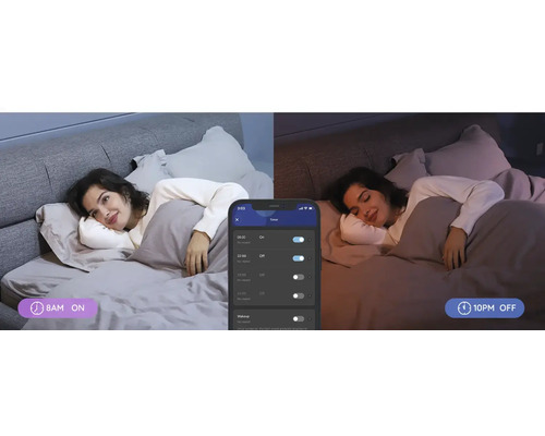 Frau liegt im Bett und bedient per App eine smarte Lichtsteuerung